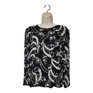 Miss Jacksons Tulsa Vintage 80s Pure Silk Black and White Beaded Blouse Size S